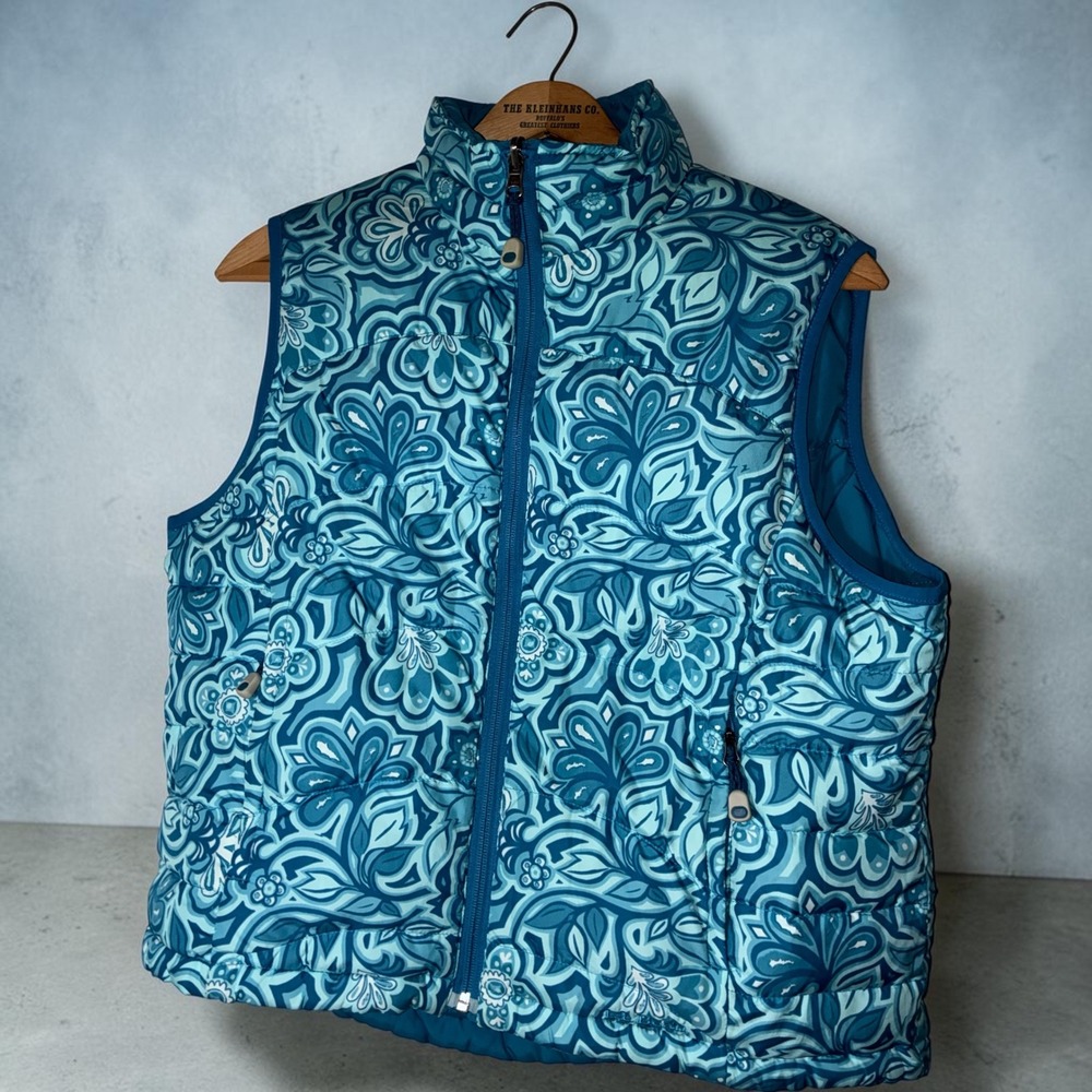 LL Bean Womens Goose Down Puffer Vest Teal Blue Paisley Floral Full Zip Large L